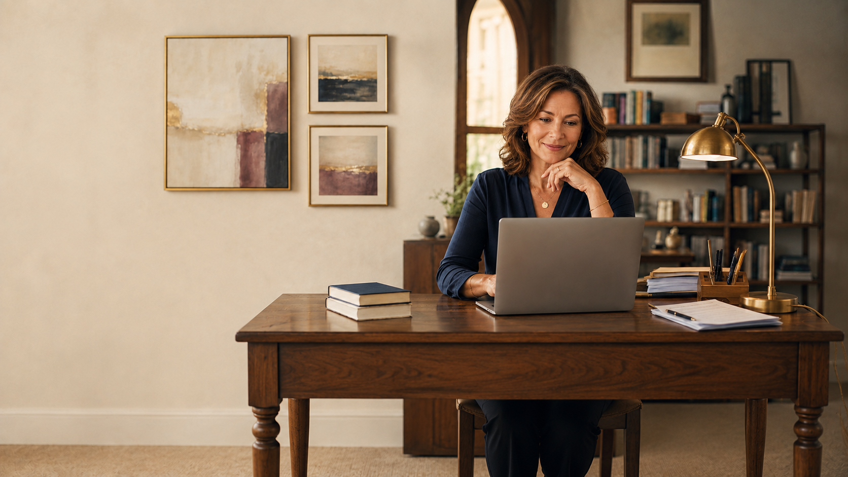 Professor working at a wooden desk with laptop, books, and a brass lamp in a warm office